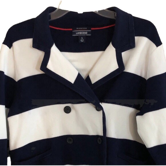 Lands End Nautical Stripe Cardigan Jacket Womens L Double Breasted Navy Cotton - Picture 4 of 13